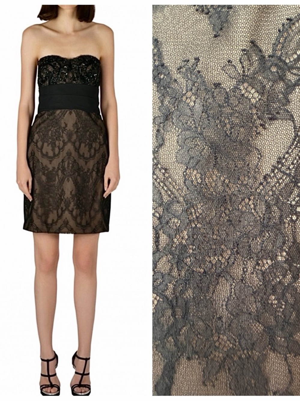 MARCHESA NOTTE Strapless Black Lace Cocktail Dress SZ 2/4